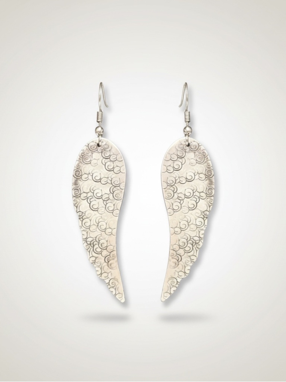 Handmade stamped‎ swirl angel wing silver hypoallergenic dangle hooks earrings